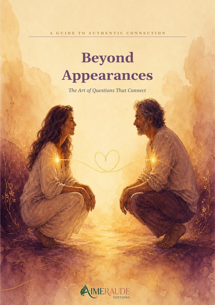 Cover of the book Beyond Appearances: a man and a woman crouching face to face, a heart-shaped thread of light between them