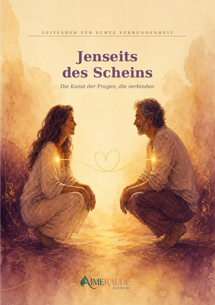 Titelbild des Buches Jenseits des Scheins: ein Mann und eine Frau hocken einander gegenüber, zwischen ihnen ein Lichtfaden in Herzform