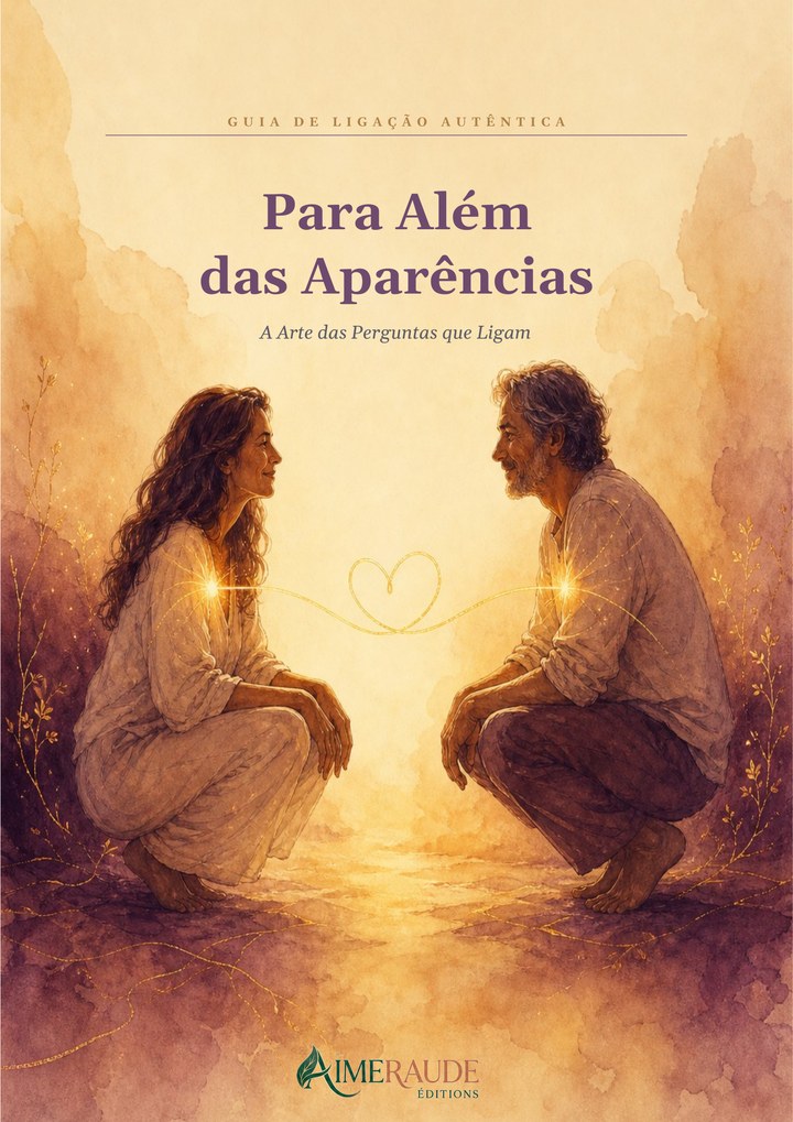Capa do livro Para Além das Aparências: um homem e uma mulher de cócoras, frente a frente, com um fio de luz em forma de coração entre eles